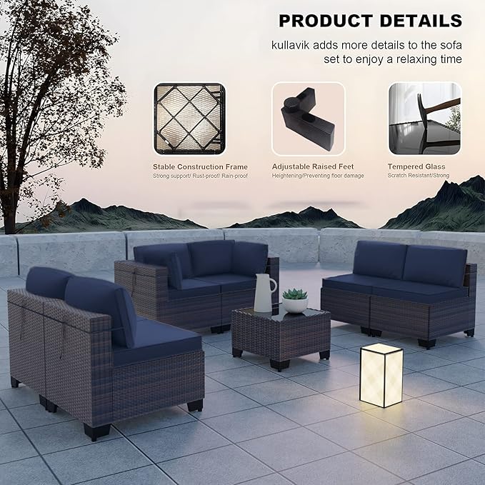 Kullavik 7 Pieces Outdoor Patio Furniture Set,Sectional Rattan Sofa Set Brown PE Rattan Wicker Patio Conversation Set with Tempered Glass Coffee Table and Washable Cushions Covers,Navy Blue
