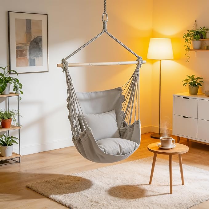 Athena Collection Hammock Chair Hanging Rope Swing Chair with 2 Cushions, Max 350 Lbs, Hanging Macrame Chair with Anti-Slip Grooves Spreader Bar and Pocket for Outdoor Indoor Patio Yard, Gray