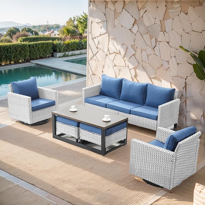 Belord 6 Piece Outdoor Furniture Patio Wicker Sofa Set, Oversize Outdoor Swivel Rocker Chairs with Rattan Ottomans, Conversation Sets Patio Furniture Come with Removable Washable