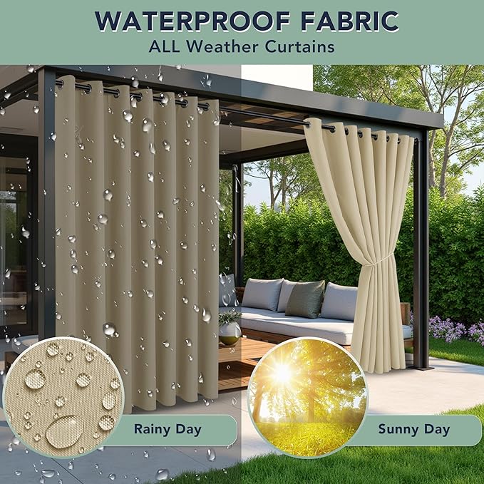 Extra Wide Outdoor Curtains Waterproof for Patio - 6 Panels Privacy Weatherproof Outside Curtains with Grommets for Gazebo, Pergola, Porch, Cabana, Balcony, 110 x 84 Inch, Cream