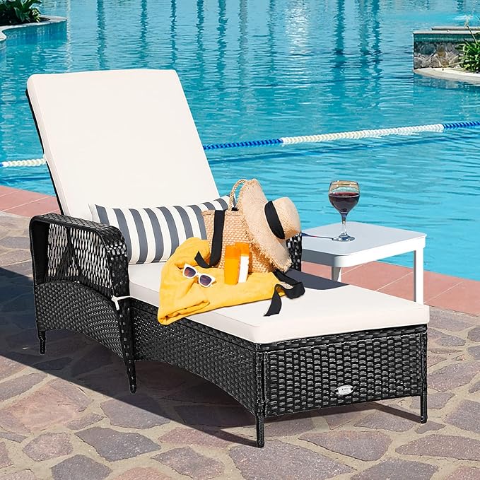 Tangkula Wicker Chaise Lounge Outdoor Set of 2, Patio Rattan Reclining Chaise with 6-Gear Adjustable Backrest, Thick Padded Cushion & Removable Lumbar Pillow, Pool Lounge Chairs for Outside Balcony