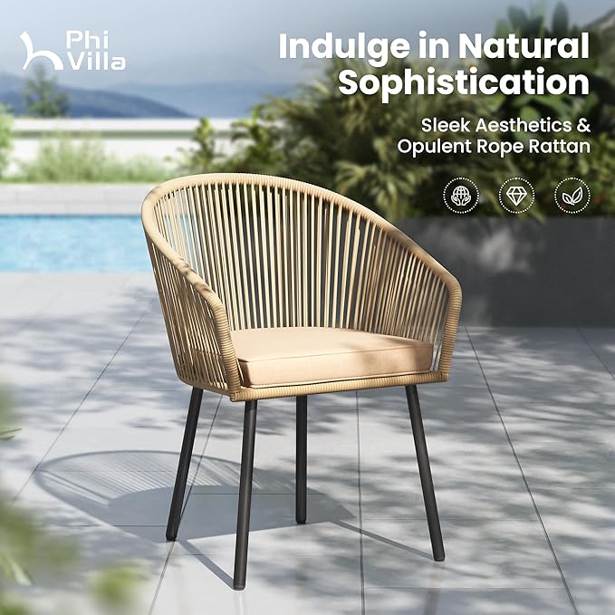 PHI VILLA 9 Piece Outdoor Dining Set for 8, 60" Square Metal Wrought Iron Table with Umbrella Hole & Brown Wicker Chairs with Cushions, Modern Outside Furniture for Patio, Deck, Backyard, Porch