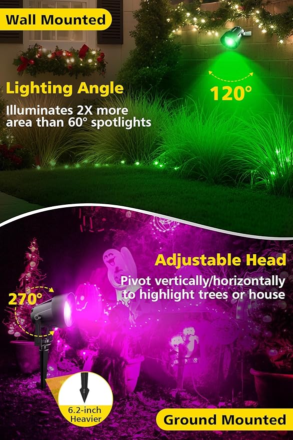 T-SUN Spot Lights Outdoor Waterproof IP65 with US Plug, 270° Adjustable, App & Remote Control, Timer, Dimmable, Music Sync, Multi Scenes, Color Changing Landscape Lights for Yard Garden