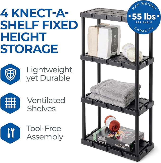 Gracious Living 4 Pack Light Duty Storage Shelves, Knect-A-Shelf 4-Shelf Ventilated Shelving Rack Organizer for Home, Garage, Basement & Laundry, Black