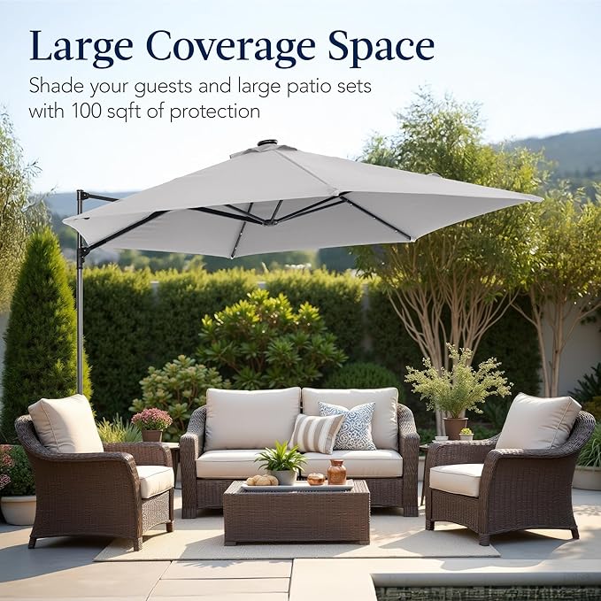 Best Choice Products 10ft Solar LED Offset Cantilever Hanging Market Patio Umbrella, Smooth 360° Rotation, 8 Sturdy Ribs, Easy Adjustment - Fog Gray