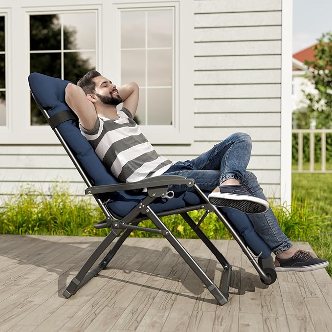 UDPATIO Oversized Zero Gravity Chair Set of 2, 29In XL Patio Reclining Chair with Cushion, Outdoor Folding Recliner with Pillows|Cup Holder|Foot Rest|Padded Headrest, Navy Blue, Support 500LB