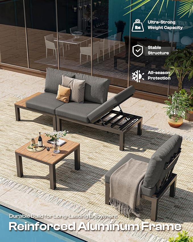 Aluminum Modular Outdoor Patio Furniture Set, 6 Seats Patio Sectional Sofa Set with Adjustable Backrest & Thick Cushions, All-Weather Conversation Sets with Table for Garden & Yard, Graphite