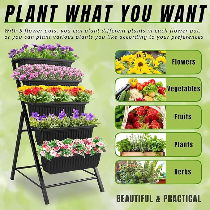 Homdox 2 Pack Vertical Garden Bed, 5 Tiers Raised Garden Planter, 25.6 * 26 * 48 Inch with Drainage System & 4 Hooks, Vegetable Flower Stand for Garden Patio Yard (Black with 4 Wheels)