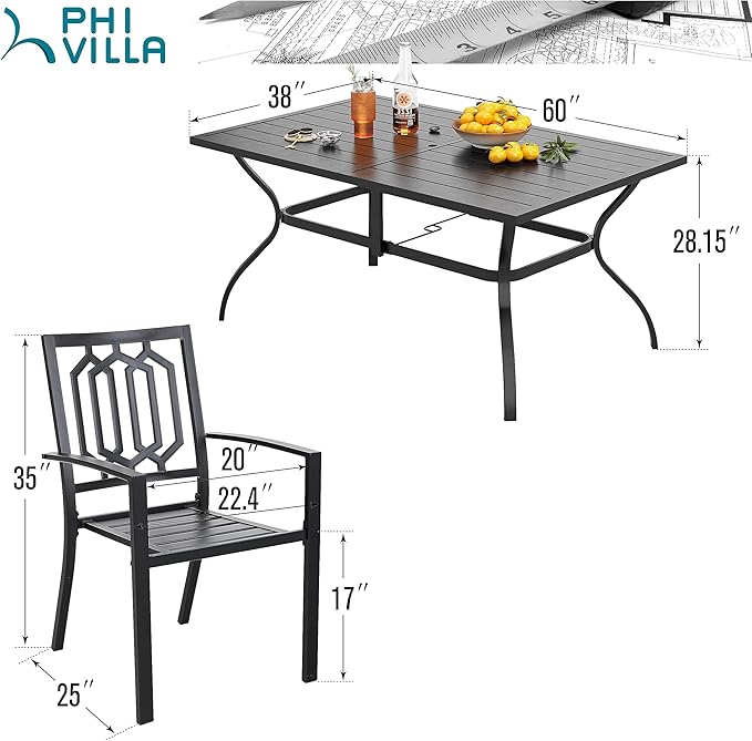 PHI VILLA 7 Piece Outdoor Dining Set for 6, 60” Rectangular Metal Steel Table with Umbrella Hole & Stackable Chairs, Heavy-Duty Furniture Set for Patio, Deck, Yard, Porch - Black