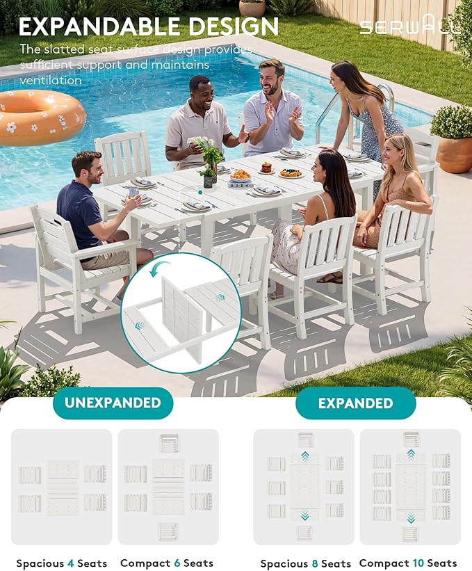 SERWALL 7-Piece Outdoor Dining Set, 60" - 83" Expandable Outdoor Dining Table and 6 HDPE Chairs, All Weather HDPE Outdoor Furniture Set for Backyard, Garden, White