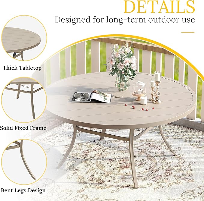 VICLLAX 63" Outdoor Round Patio Table with Umbrella Hole, All Weather Metal Round Outdoor Dining Table for Lawn Garden, 8-10 Person Table, Sandshell