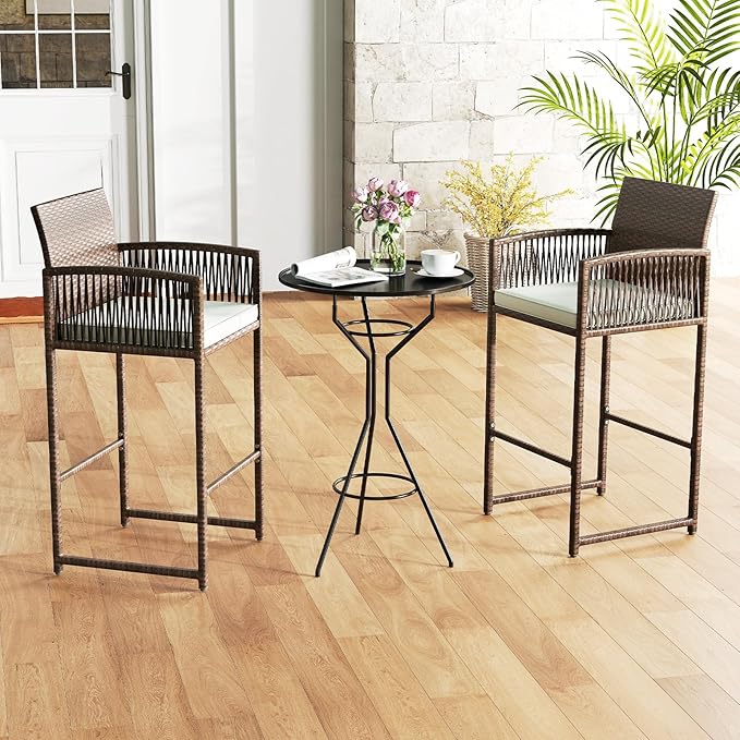 Tangkula Patio Bar Stools Set of 2, PE Rattan Bar Height Chairs with Backrests, Armrests, Footrests & Soft Cushions, Outdoor High Top Barstools with Metal Frames for Backyard (2 Pack)