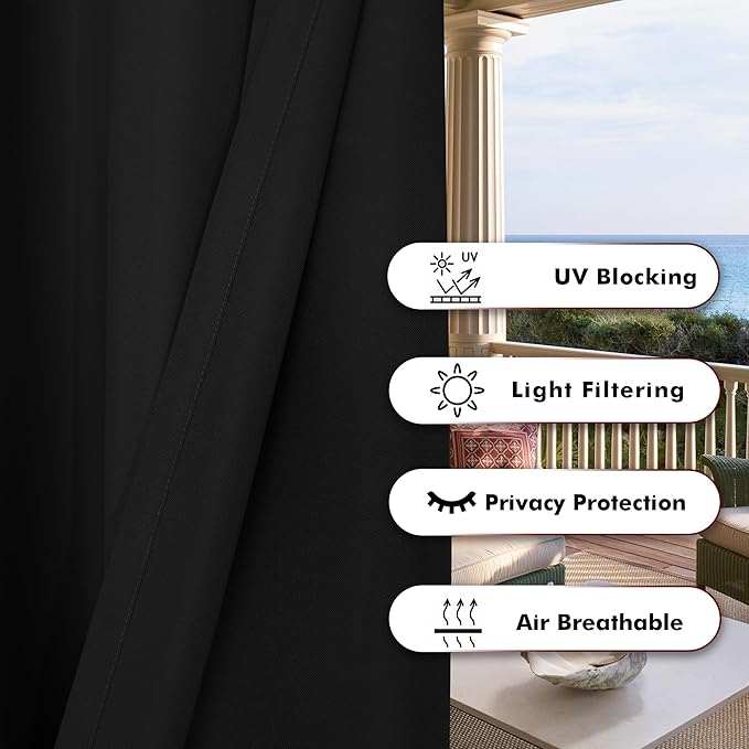 BONZER Extra Wide Waterproof Outdoor Curtains for Patio Heavy Privacy Light Filtering Grommet Outside Curtains for Porch, Pergola, Gazebo, 1 Panel, 150W x 108L inch, Black
