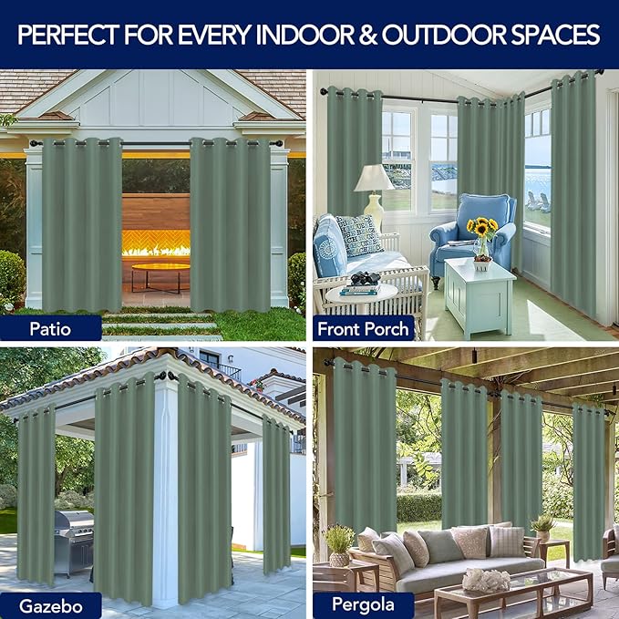 PureFit Outdoor Curtains for Patio Waterproof Weatherproof, UV Resistant Outside Curtains for Gazebo, Front Porch, Pergola, Sun Blocking Privacy Curtain, 52W x 84L inch, 1 Panel, Sage Green