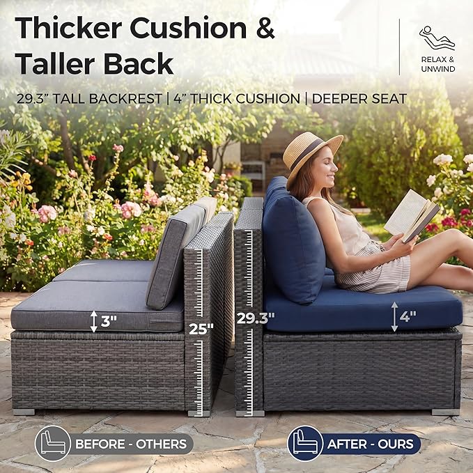 NICESOUL 13 Piece Outdoor Patio Furniture Set with Fire Pit, Extra Large 29.3'' High Back Patio Sofa Set w/Lounges, Oversized Wicker Outdoor Sectional with Fire Pit for Deck, Lawn, Yard, Gray & Navy