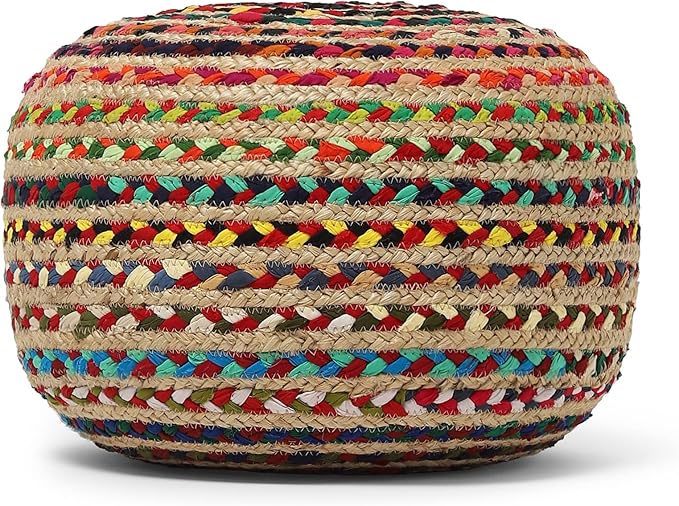 REDEARTH · Round Pouf Ottoman - Braided Boho Poof Home Décor Pouffe Accent Sitting Circular Foot Rest for Living Room, Bedroom, Nursery, Kidsroom, Lounge; Jute and Cotton (19.5"X19.5"X14"; Multi)