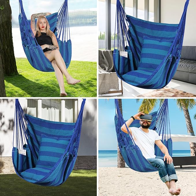 Goutime Hammock Chair,Indoor Hanging Rope Swing,Tree Swinging Chairs for Outside,Outdoor,Home, Bedroom,Patio,Yard,Garden,Balcony,Max 330 Lbs,Blue Stripe