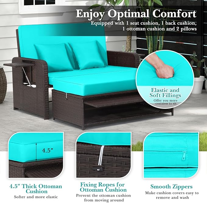 HAPPYGRILL Patio Rattan Wicker Daybed with Loveseat & Storage Ottoman, Outdoor Lounge Sofa Furniture Set with Adjustable Backrest & Side Trays, for Poolside Deck Porch Lawn (Mix Brown & Turquoise)