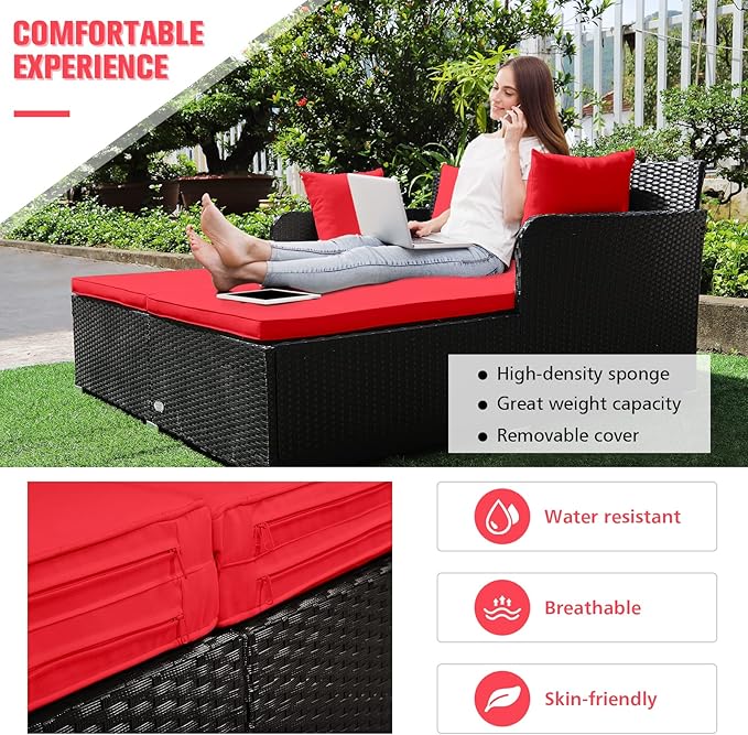 RELAX4LIFE Rattan Patio Outdoor Daybed, Wicker 2-Person Sunbed Loveseat with Soft Cushions, 4 Pillows, Curved Backrest & Armrest, Double Bed Lounger Sofa Set for Balcony Porch, Patio Bed (Red)