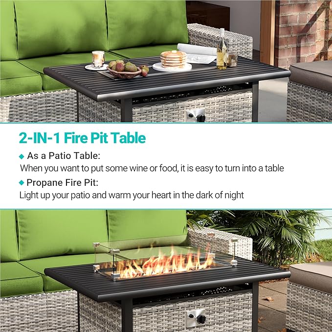 16-Piece Outdoor Patio Furniture Set with Rocking Swivel Chair, PE Wicker Rattan Sectional Sofa Patio Conversation Set with 55,000 BTU Fire Pit Table & Coffee Table, LAvocado Green
