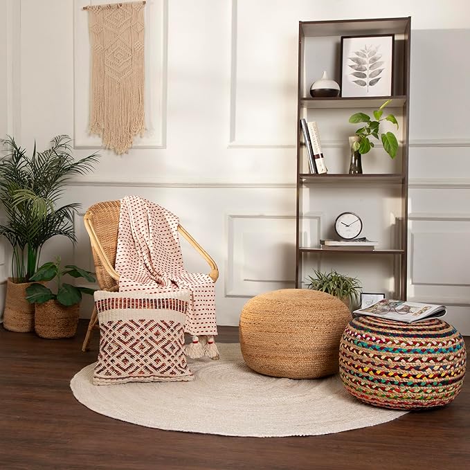 REDEARTH · Round Pouf Ottoman - Braided Boho Poof Home Décor Pouffe Accent Sitting Circular Foot Rest for Living Room, Bedroom, Nursery, Kidsroom, Lounge; Jute and Cotton (19.5"X19.5"X14"; Multi)