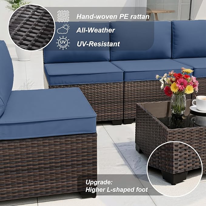 ALAULM Patio Furniture Set with Coffee Table, 7 Pieces Outdoor Sectional with Wide Seat and Thick Cushion, All Weather Wicker Rattan Conversation Set for Backyard, Garden, Deck, NavyBlue