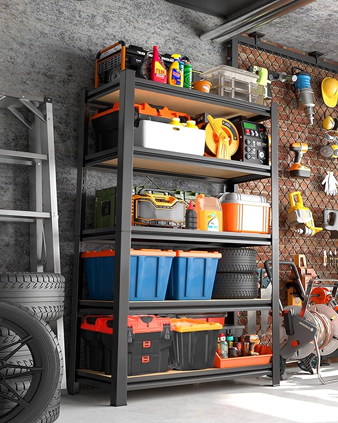 Set of 2 Garage Shelving Heavy Duty Storage Shelves, Metal Adjustable Shelving Unit, Utility Garage Organizer Shelf for Basement, Pantry, Kitchen, Warehouse, 15.7" Dx35.4 Wx71.2 H, Black