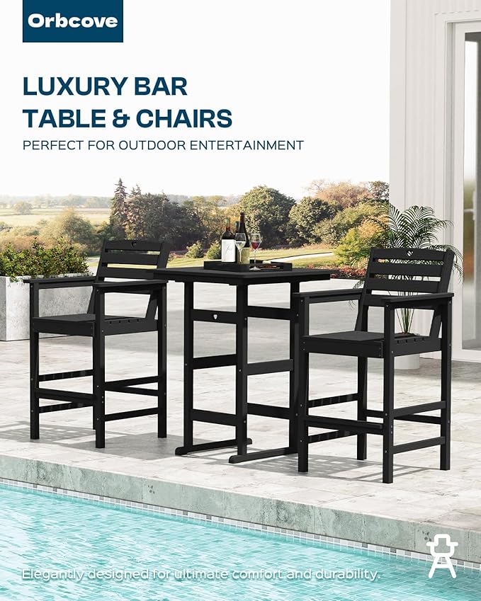 Patio Bar Table,Adirondack Chairs and Table 3 Pieces Set, Bar Height Chairs Set of 2 and Bar Table, Outdoor Bar Stools Set,Weather-Resistant Outdoor Furniture for Deck, Balcony, Poolside Easy Assembly
