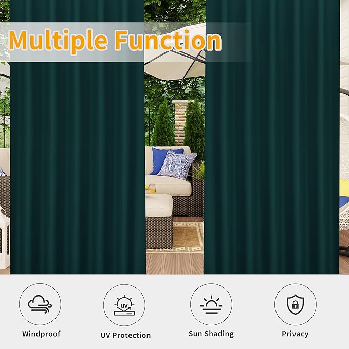 Easy-Going Outdoor Patio Curtains Detachable Tab Top Windproof Weatherproof Curtain for Cabana, Porch, Pergola and Gazebo, Tab Bottom Drape, 2 Panels, 54W x 96L inch, Teal