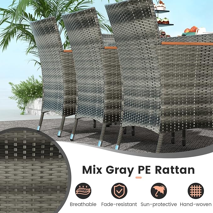 Tangkula 10 Pieces Patio Wicker Dining Set w/Double-Sided Patio Umbrella, Outdoor Acacia Wood Furniture Set w/ 8 Armchairs, 71” Dining Table & 15 ft Umbrella with Weighted Base (Gray)