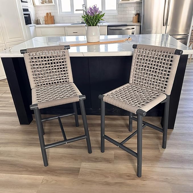 PURPLE LEAF Counter Height Stools Set of 2 with Back Aluminum Patio Bar Stools for Pool Lawn Kitchen All Weather Wicker Outdoor Bar Chairs Dark Grey