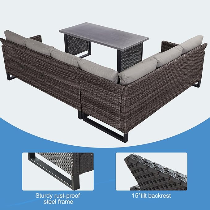 Belord Outdoor Sectional Sofa 6 Seater L Shaped Couch Wicker Patio Conversation Furniture Set Rattan Outdoor Furniture with Removable Washable Cushion, Brown/Grey