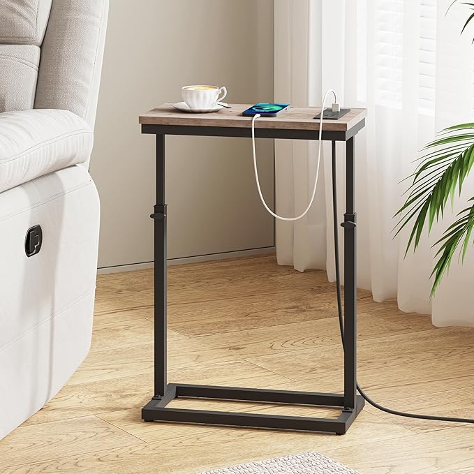 TUTOTAK End Table with Charging Station, Side Table, Tall Couch Table, Sofa Table, Living Room, Bedroom,Greige TB01BG084