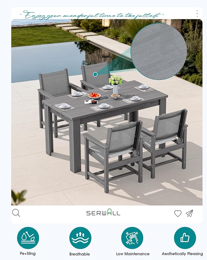 SERWALL 5 Piece Outdoor Dining Table Sets for 4 with 1 Umbrella Hole Cut-Out Rectangular Table and 4 Textilene Chairs, HDPE Dining Table Sets for Garden, Backyard, Poolside, Gray