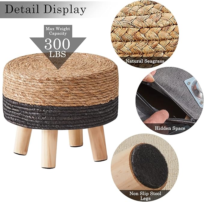 Cpintltr Ottoman Natural Seagrass Footrest Poufs Hand Weave Round Foot Stool for Couch Desk Soft Step Stool Padded Foot Rest with Pine Legs for Living Room Bedroom Natural/Black