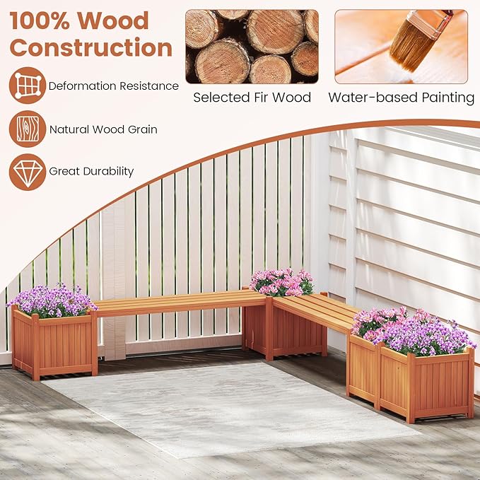 Giantex 4-in-1 Outdoor Bench with 4 Planter Boxes, Wood with Teak Oil Finish, Garden Bench Seat with Raised Garden Beds for Porch Balcony Lawn Yard, DIY Assembly, Orange