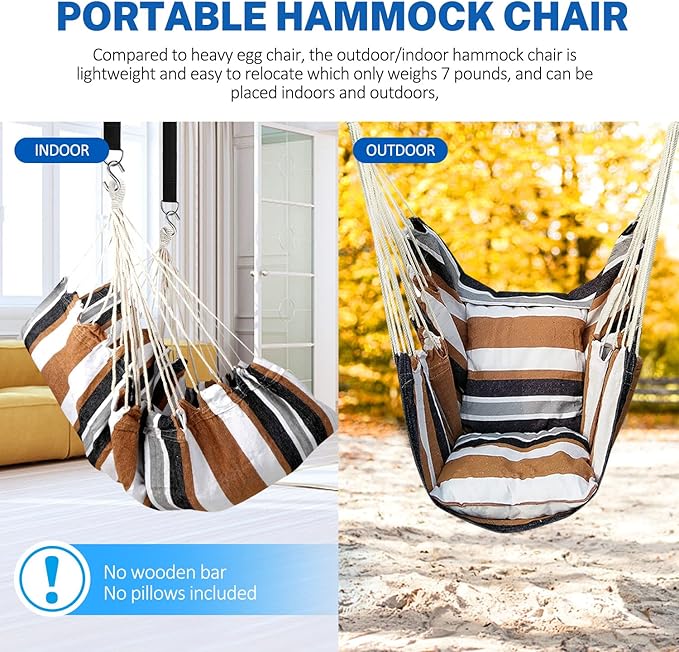 KPX Ourdoor Hanging Hammock Chair – Comfortable Tree Swing Chair Large Size 110X130cm（Without Pillows） - 330 Lbs Weight Capacity (Brown)