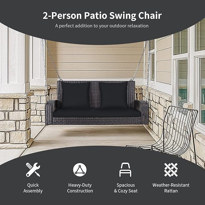 RELAX4LIFE Porch Swing 2-Seat Patio Rattan, Wicker Porch Swings Outdoor W/Two 7.9 Ft Solid Steel Chain, Comfortable Back & Seat Cushions, for Front Porch, Garden, Backyard Patio Swing (Black)