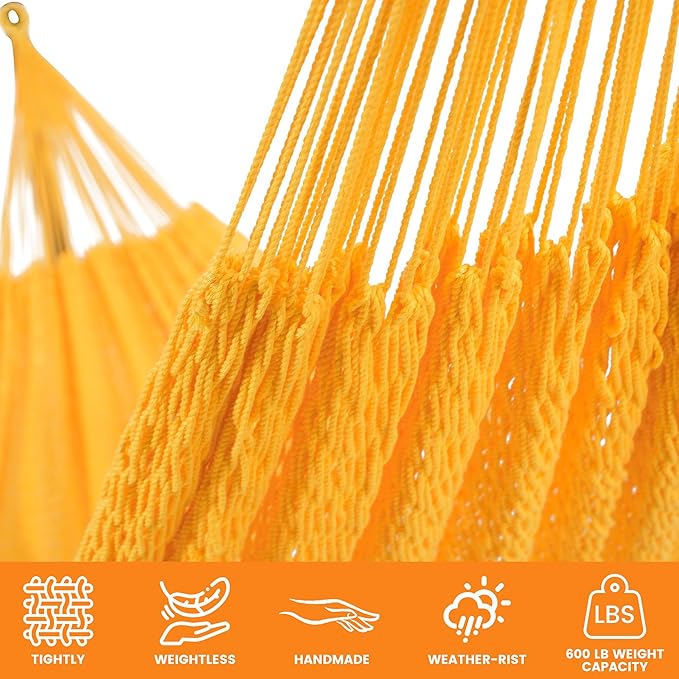 Lazy Daze Hammocks Handwoven Mayan Hammock, 10.5 FT Soft Rope Double Hammocks, Portable Outdoor Hammock with Carry Bag, 2 Straps & Carabiners for Patio Outside, 550 lbs Weight Capacity, Yellow