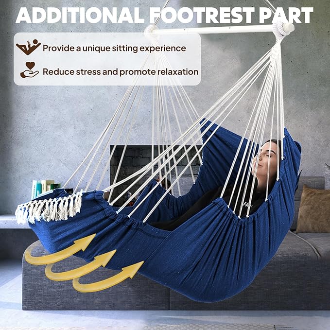 Chihee Hammock Chair Hanging Chair with Foot Rest 2 Cushions Max 500lbs Robust Metal Spreader Bar Collapsible Easy Storage Soft Cotton Swing Chair Strong Strap Iron Carabiner Side Pocket Included
