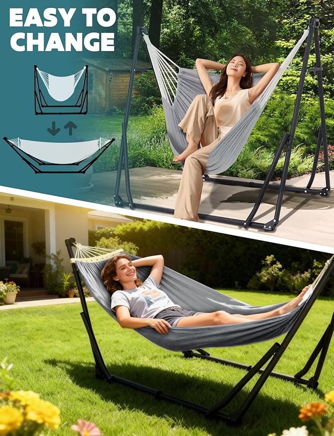 Anyoo 2 in 1 Hammock and Swinging Chair with Collapsible Steel Stand & Carrying Case,Portable & Adjustable,Easy Set Up for Outdoor,Indoor,Patio,Garden,Camping Trip