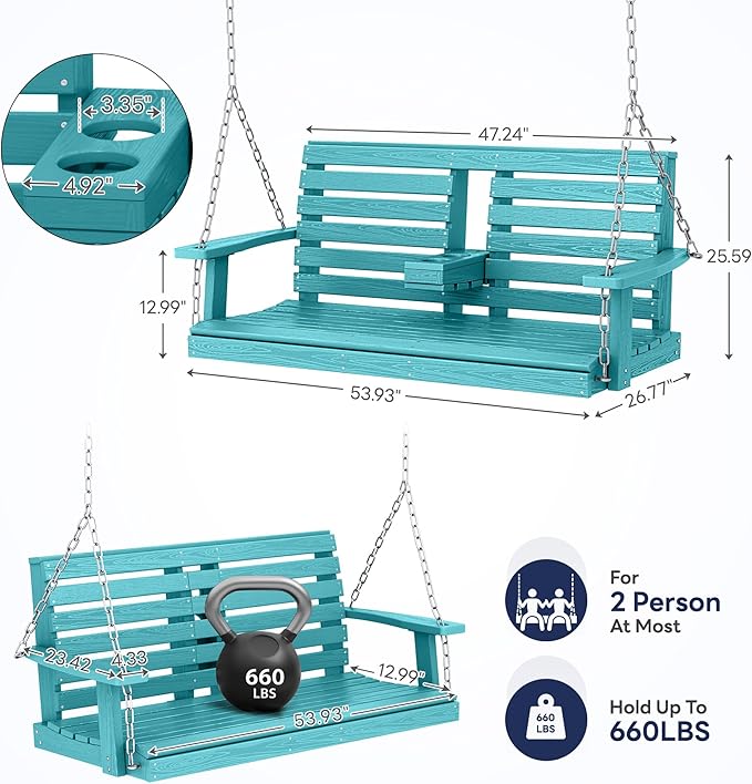 KINGYES Outdoor Hanging Patio Swing Set, 2 Seat Swing Chair with Cup Holders, Waterproof Bench for Courtyard & Garden, 660LBS Weight Capacity, Aruba Blue