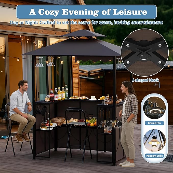 Outdoor Grill Gazebo with Patio Bar Set, Double-Tier BBQ Shelter with Side Awning, Complete Set Includes 2 Foldable Stools, U-Shaped Storage, Glass Holders & Hooks for Yard, Poolside, Garden