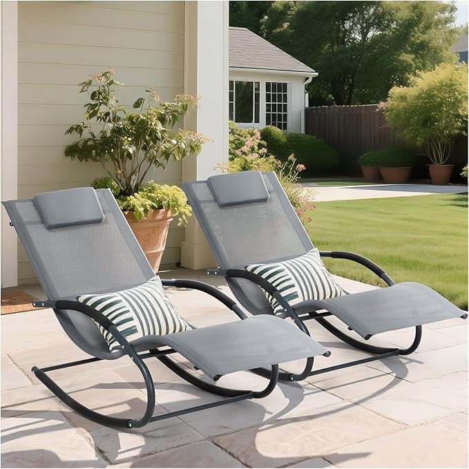 Outdoor Lounge Chair with Pillow, Pool Chaise Lounge Chair Set of 2, Grayish Blue