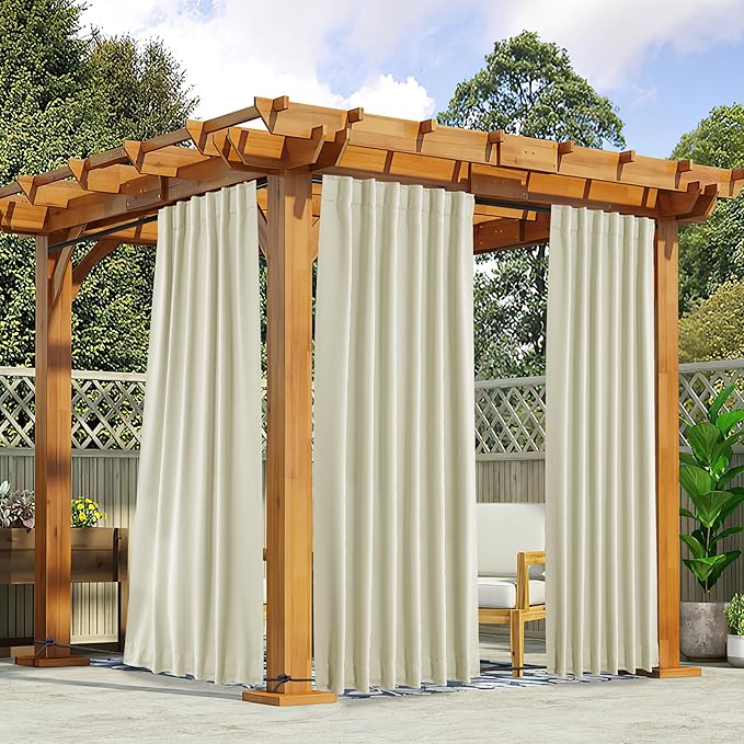 NICETOWN 2 Panels Outdoor Curtains Waterproof Pocket & Back Tab on Top & Bottom, Thermal Insulated Windproof Sun Blocking Outside Privacy Drapes for Patio with Fixed Rope, W52 x L84, Beige