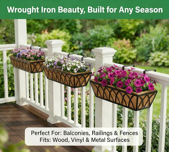 24 Inch Window Deck with Coco Liner, 24" Window Boxes Horse Trough with Coconut Coir Liner, Fence Metal Hanging Flower Planter Window Basket Deck Railing Planter Boxes for Outdoor Garden Lawn, 2pcs