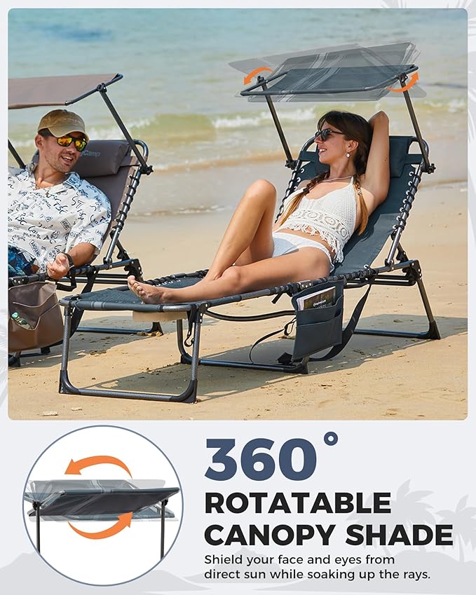 KingCamp 2 Pack Tanning Chair with Face Hole, Lounge Chairs Outdoor Folding Comfy Adjustable 5-Position Chaise Chaser with Canopy Shade for Outside Beach Patio, Blue/Grey