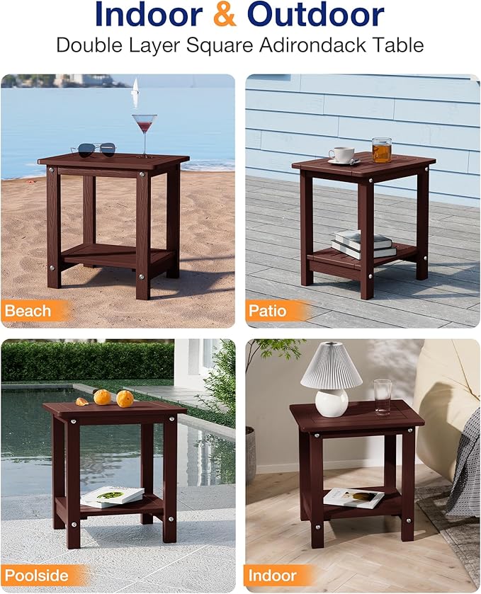 YEFU Outdoor Side Table for Patio: 16" HIPS Weather - Resistant Adirondack Tables - Waterproof Small Square End Tables for Backyard Living Room Bedroom - Indoor Outdoor Double Layer Table Coffee