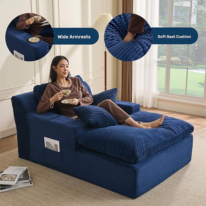 63" Chaise Lounge Chair Indoor, Set of Convertible Sleeper Sofa Couch with Throw Pillows & Side Pockets, Corduroy Upholstered Oversized Sofa Bed with Armrests for Living Room Bedroom, Blue