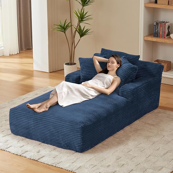 80 Inch Chaise Lounge Chair Indoor, Oversized Corduroy Upholstered Boneless Sofa Bed, Deep Seat Sleeper Couch Reading Chairs, Cloud Sofas Couches for Living Room, No Assembly Required (Blue)
